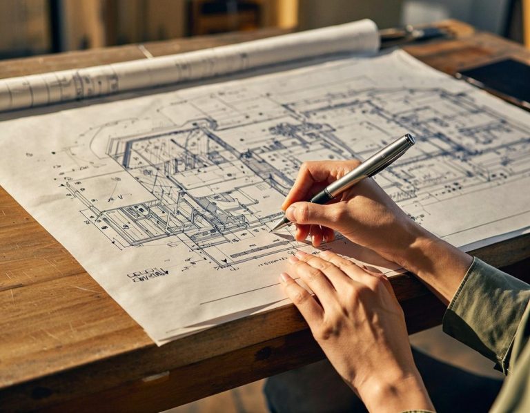 A close-up view of a person using a fountain pen to draw and review detailed architectural blueprints on a wooden desk, symbolising strategi